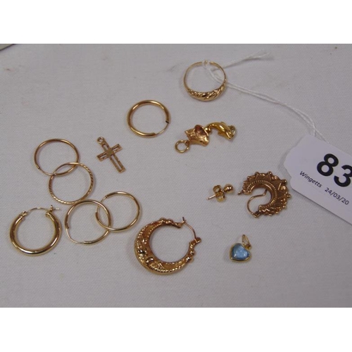 83 - Various 9ct gold earrings etc, 7g.