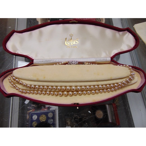 13a - Cased Lotus de Luxe double string pearl necklace with certificate.