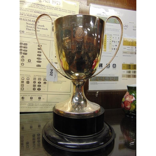204 - Two handled Silver trophy on stand, maker Atkin Brothers, Sheffield 1927- 13 ozs.
