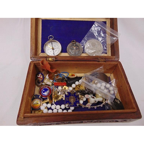 212 - Box of badges, trinkets etc.