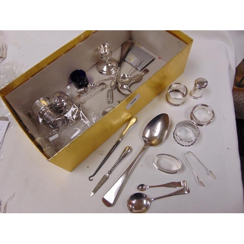 228 - Antique London silver spoon, Silver Dog whistle, candlestick, trinkets etc.