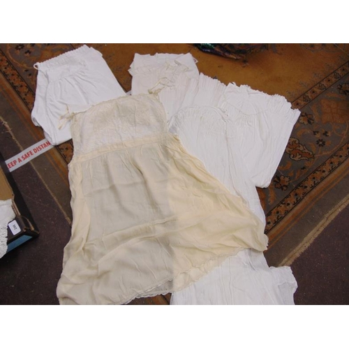 246 - Box of monogramed Ladies vintage underwear, Chemise night gowns, split leg Bloomers, skirts in musli... 