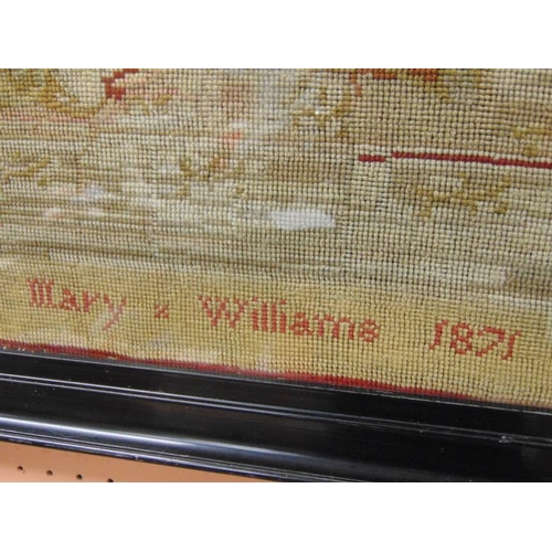 254 - Antique framed and glazed needlework, Mary Williams 1871, Biblical scene , 20x15.
