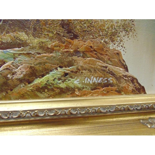 347 - C. Inness - gilt framed and glazed oil painting on canvas - riverside scene within a country setting... 