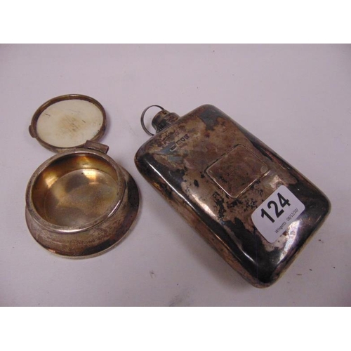 124 - Silver hip flask, no top, and a silver inkwell.