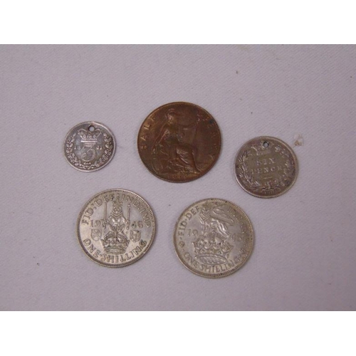 167 - Uncirculated 1911 Halfpenny, two silver shillings, etc.