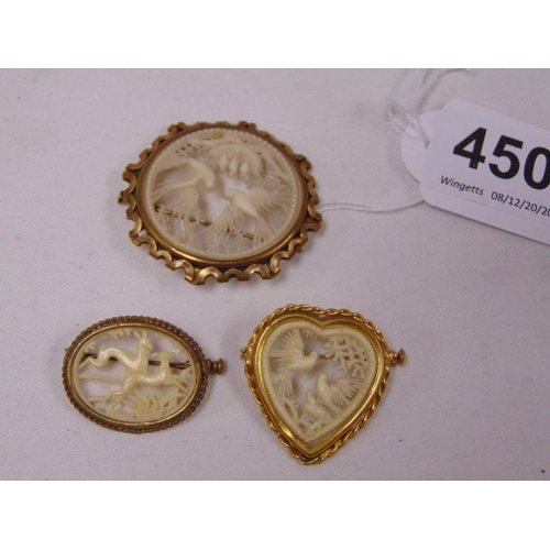 450 - Three filigree style center ladies brooches.