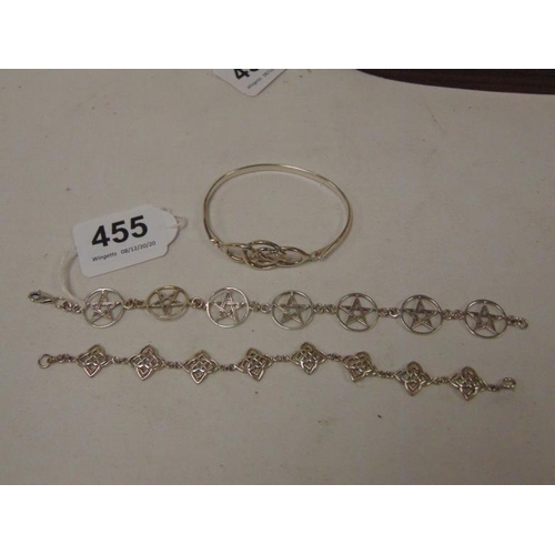 455 - Two ladies bracelets and a bangle, all marked 925.