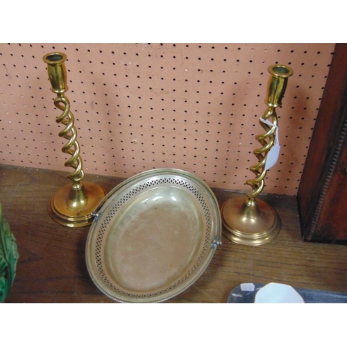 87 - Pair of brass twist stem candlesticks and a plated dish.