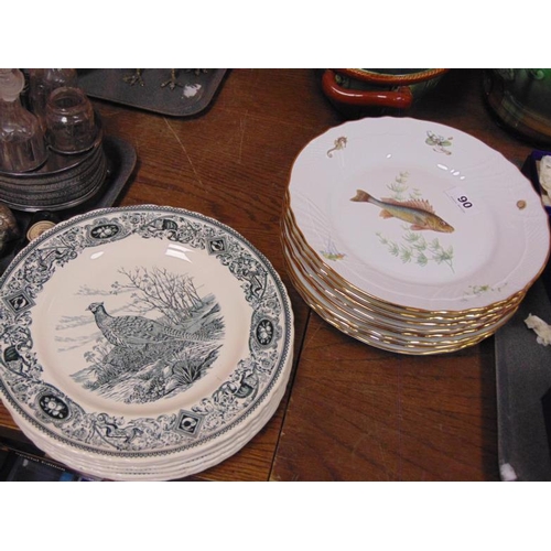 90 - Set of six Italian fish plates, and a set of six Mason's plates, Game Birds.