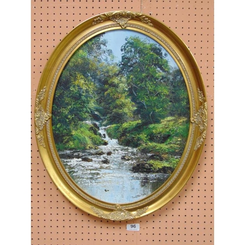 96 - Dorothea Hyde, oval oil on canvas, woodland river.