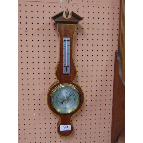 99 - Inlaid mahogany cased barometer with thermometer.