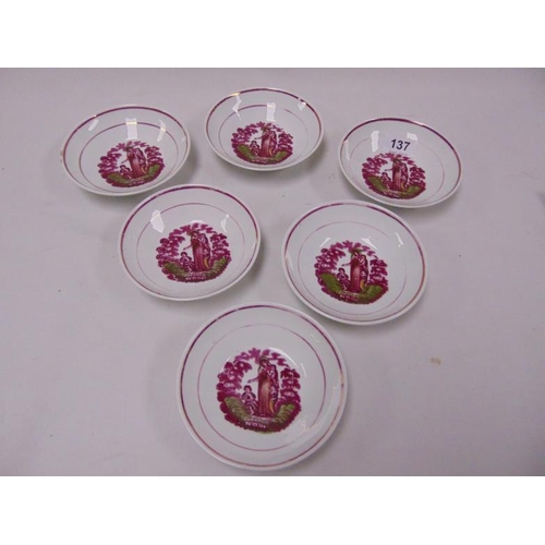 137 - Set of six 19th century lustre decorated saucers.