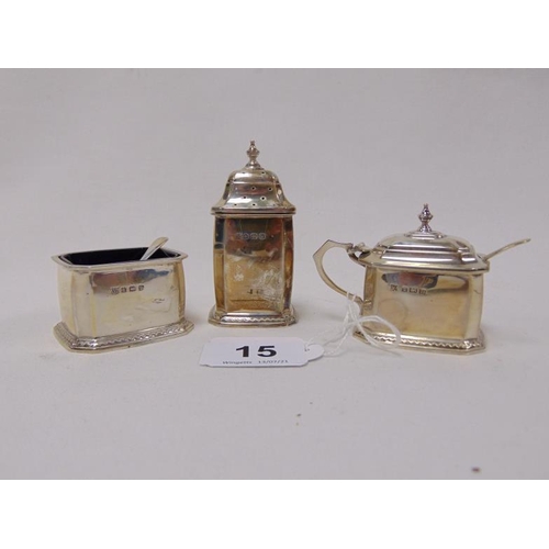 15 - George V silver three piece condiment set, maker William Neale Ltd., Birmingham 1928.