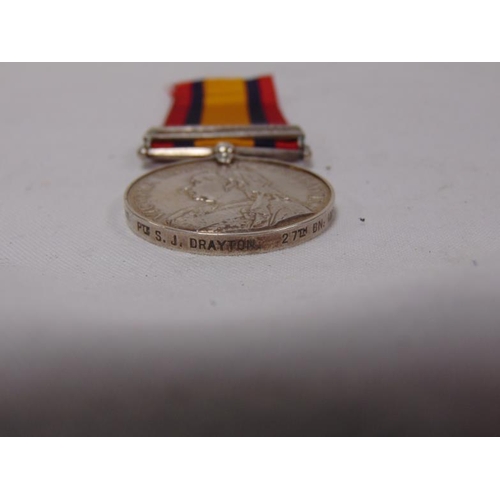 152 - South Africa Medal to 37747 Pte. S. J. Drayton. 27th.  Bn: Imp: Yeo., with clasps for South Africa 1... 