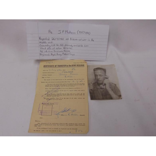 154 - World War Two medal trio to Pte. J. F. Mulhern (7517789), with Certificate of Transfer to the Army R... 