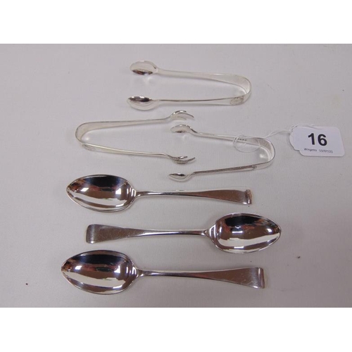 16 - Two pairs of silver sugar nips, three silver teaspoons etc.