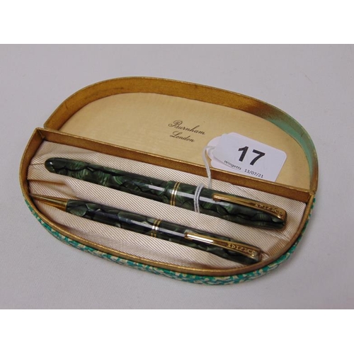 17 - Burnham of London green marbled fountain pen and matching propelling pencil, the pen with 14ct gold ... 