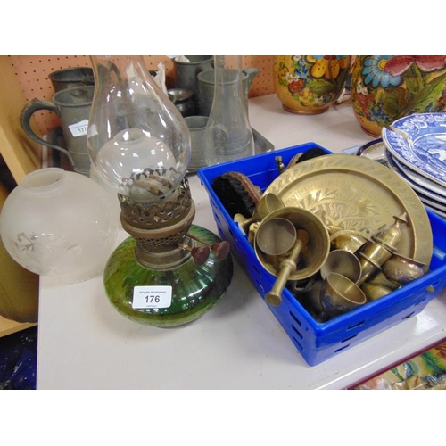 176 - Green glass oil lamp, small quantity of brass ware, lampshades, etc.