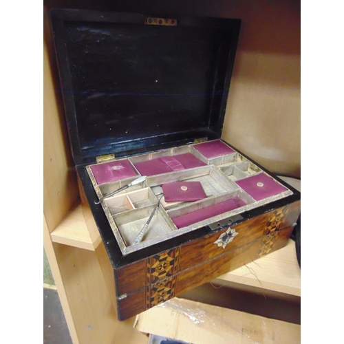 191 - 19th century inlaid walnut writing / sewing box, lift up lid and fitted interior.