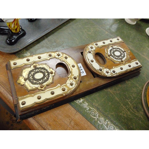 212 - Antique walnut brass and bone inlaid folding bookstand.