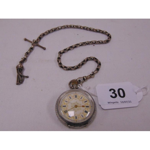 30 - Continental white metal fob watch and chain.