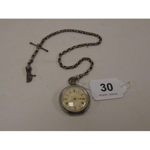 30 - Continental white metal fob watch and chain.