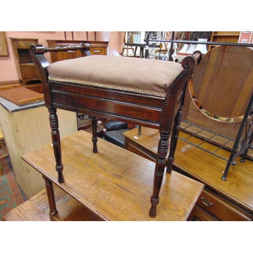 338 - Edwardian piano stool, turned side handles, lift up lid and on turned supports.