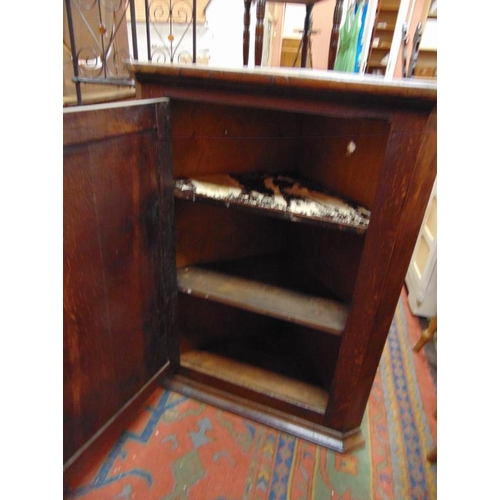 339 - Antique oak corner cupboard, single door and shelf lined interior. 41 x 31