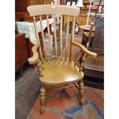 340 - Reproduction farm house chair, slatted back, open arms, solid seat, on turned supports and stretcher... 