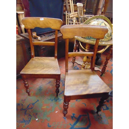 353 - Pair of antique mahogany side chairs, bar backs, solid seats and on turned supports.