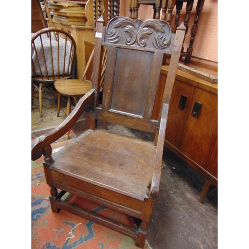 355 - Antique Welsh oak Wainscot chair , having secret compartment.