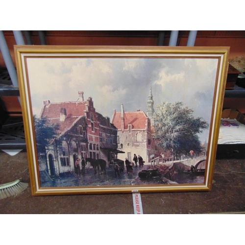 373 - Large framed colour print, Continental street scene.  28 x 38