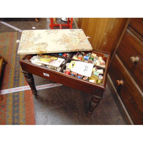 401 - Victorian mahogany stool, the lift up lid revealing a quantity of cotton reels.