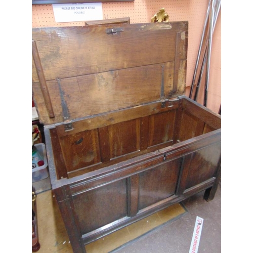 436 - Antique oak coffer, lift up lid, over triple panel front and on stile supports. 30 x 47 x 22.5 