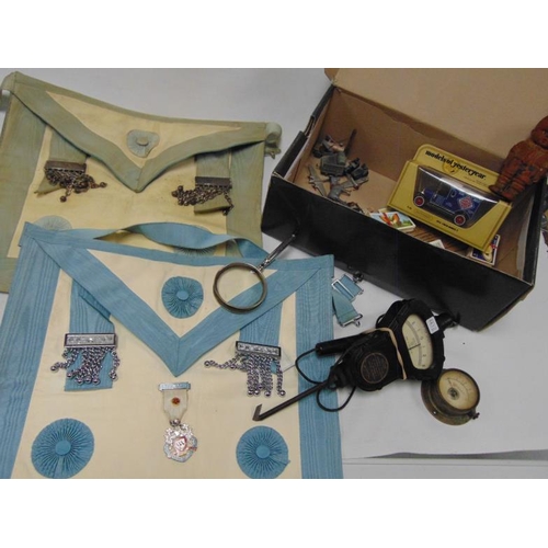 50 - Masonic apron, two vintage meters and various collectables.