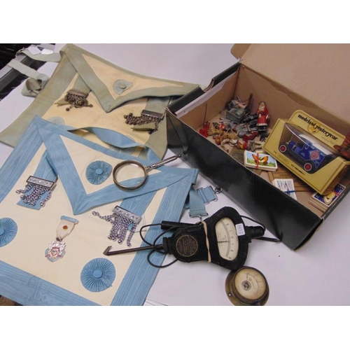 50 - Masonic apron, two vintage meters and various collectables.