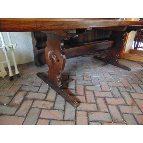 164 - Good reproduction oak refectory table, cleated ends and on trestle end supports. 83 x 36