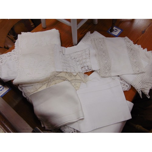 258 - Box of good vintage white work / drawn work / lace table cloths etc.