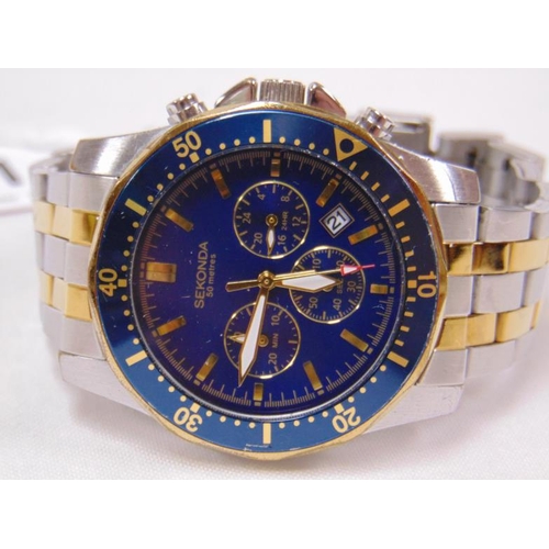 1 - Sekonda bi-colour chronograph wristwatch with blue dial and bezel.