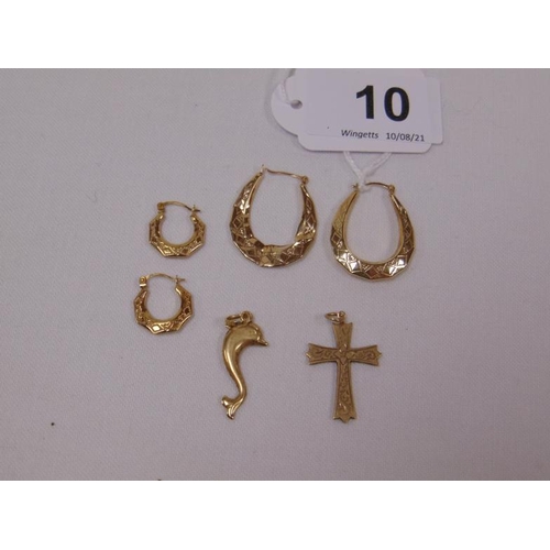 10 - Two pairs of 9ct yellow gold hoop earrings, etc.
