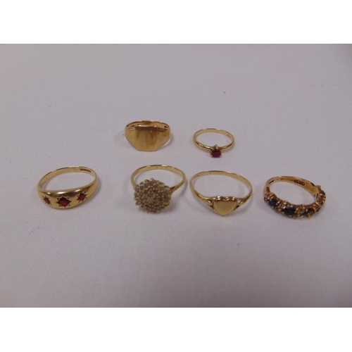 11 - Six various 9ct yellow gold rings, 14,5g.