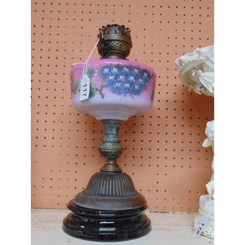 117 - Oil lamp with painted reservoir.