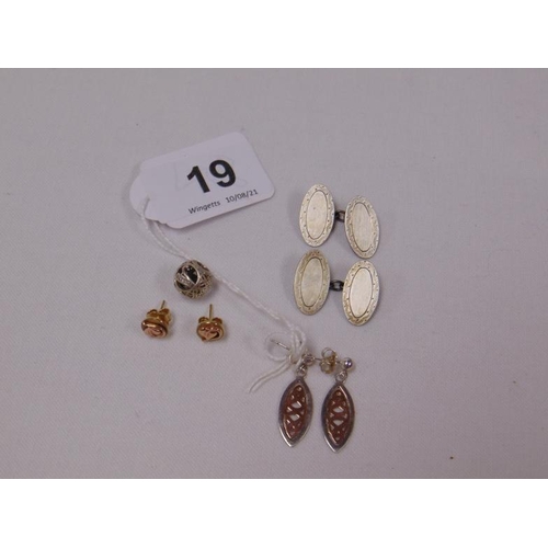 19 - Two pairs of Clogau Gold type earrings, and a pair of silver cufflinks.