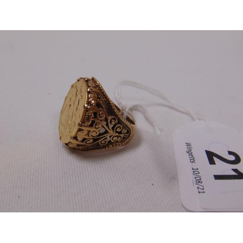 21 - Edward VII gold Sovereign mounted in 9ct gold as a ring, size P, 19g total