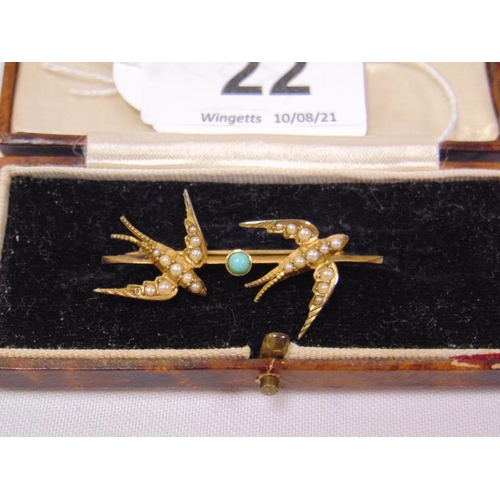 22 - Victorian unmarked yellow gold brooch modelled as two Swallows and set with split seed pearls and tu... 