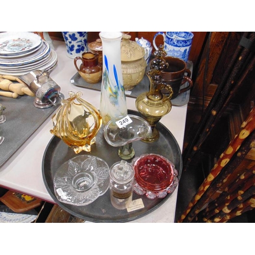 249 - Cranberry glass bowl, antique chemist jar, vase, etc.