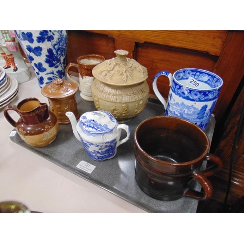 250 - Large blue and white mug, Doulton jug, stoneware tobacco jar etc.
