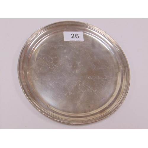 26 - Mappin & Webb circular silver salver, inscribed C. T. 1972 and with signatures, Sheffield 1923, 8