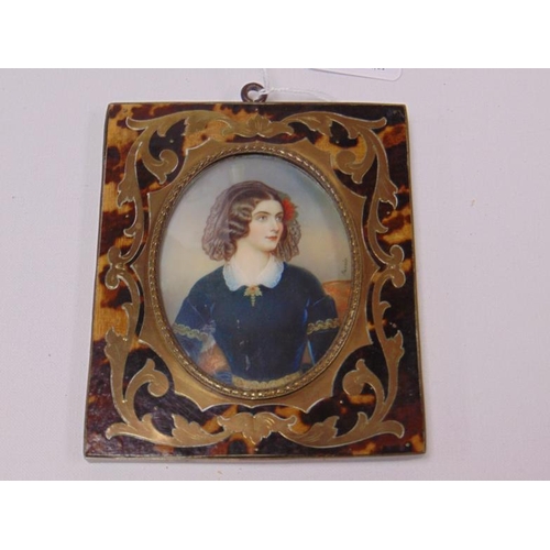 38 - Late 19th century miniature on ivory, half length portrait of a young lady, in boulle frame, 5 x 4